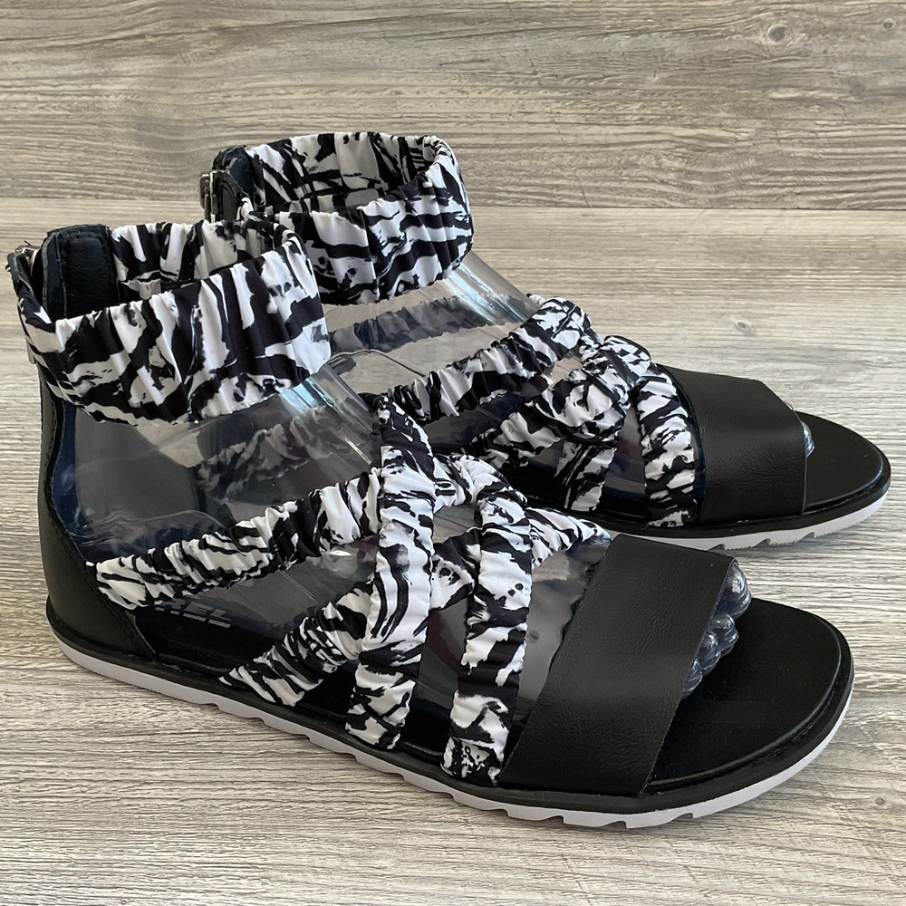 Sorel Ella II Women's Ankle Strap Sandals White Black Leather NL4651 Size 7.5 US